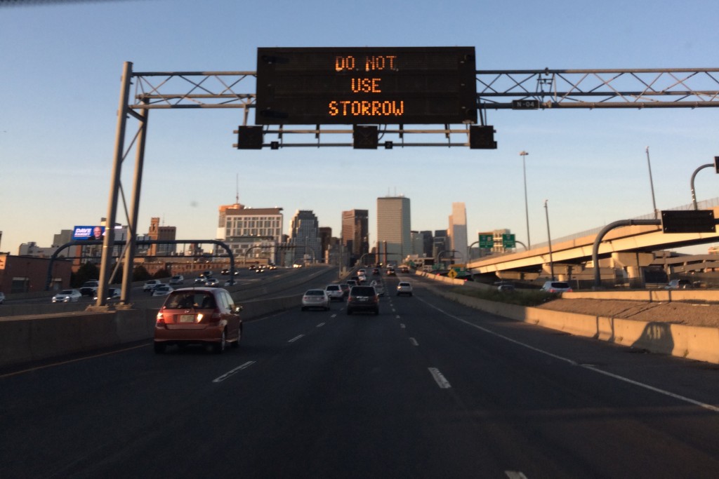 Light-up traffic sign with "Do Not Use Storrow" displayed