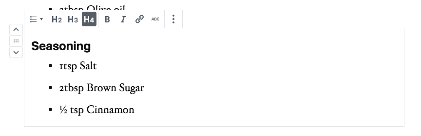 Screenshot of the heading toolbar on the recipe ingredients block