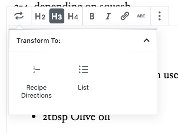 Screenshot of the block transform dropdown