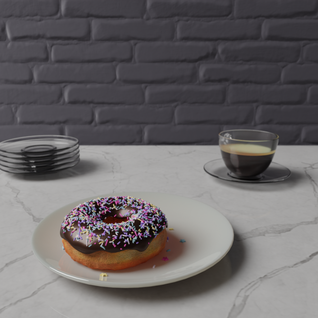 Coffee in a clear glass cup, and a donut with chocolate frosting and sprinkles on a shiny white plate.