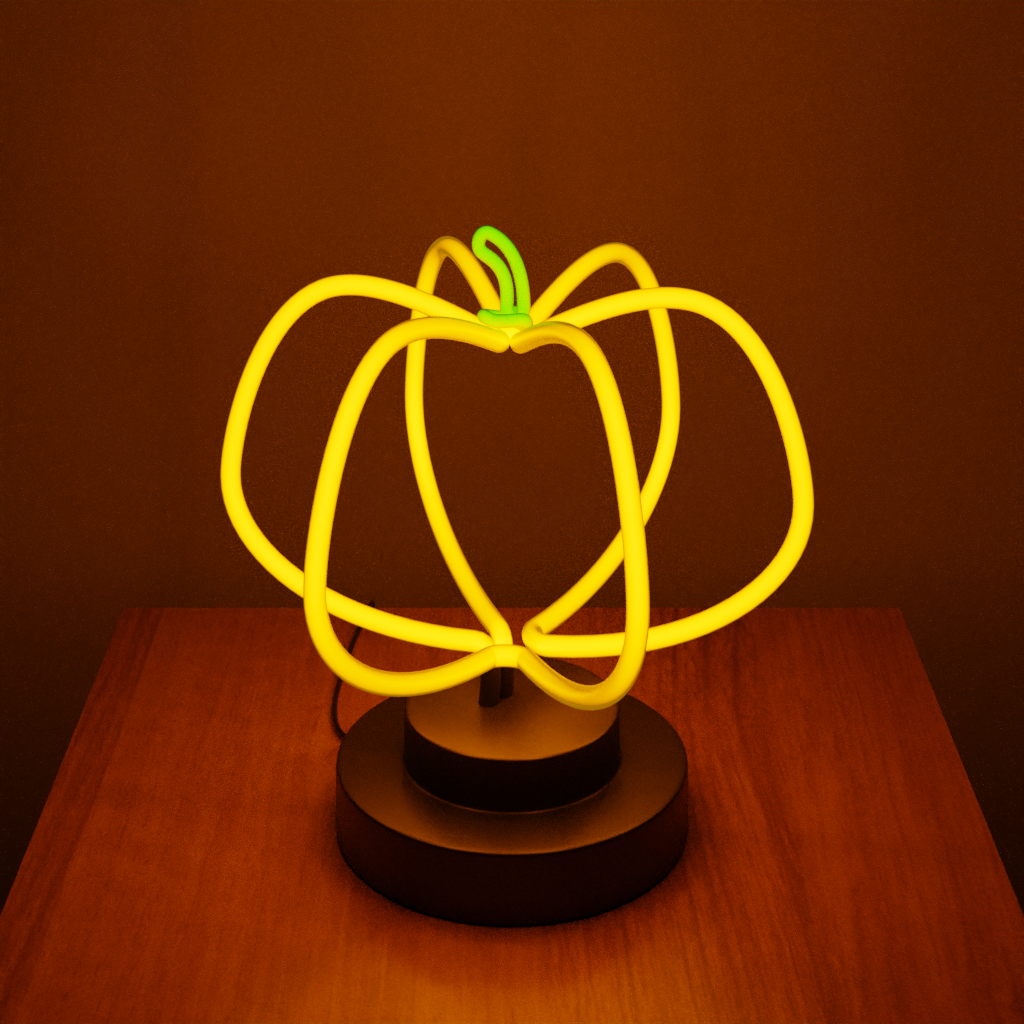 Neon sculpture shaped like a pumpkin