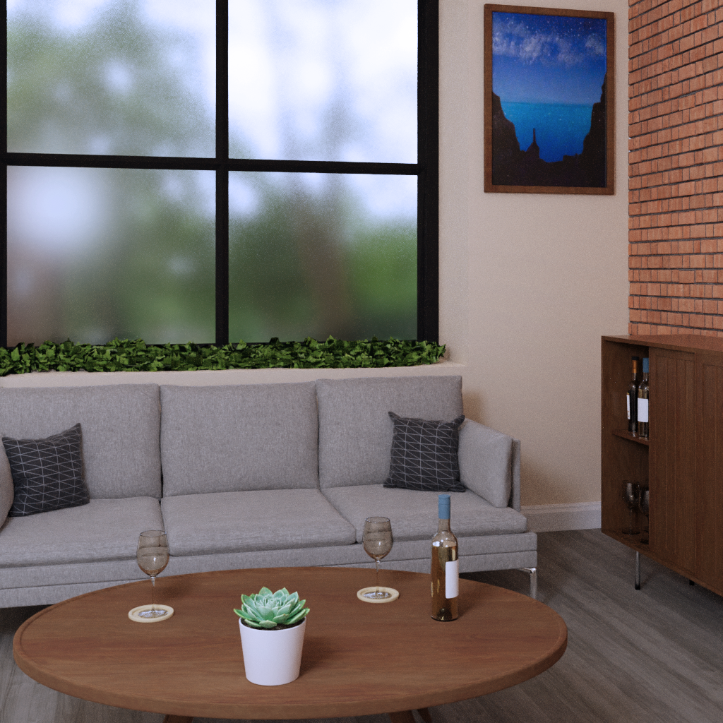 Living room scene, with a fabric couch in front of a frosted glass window, coffee table with wine glasses and a bottle of wine, and a cabinet, partially open showing more bottles and glasses inside.