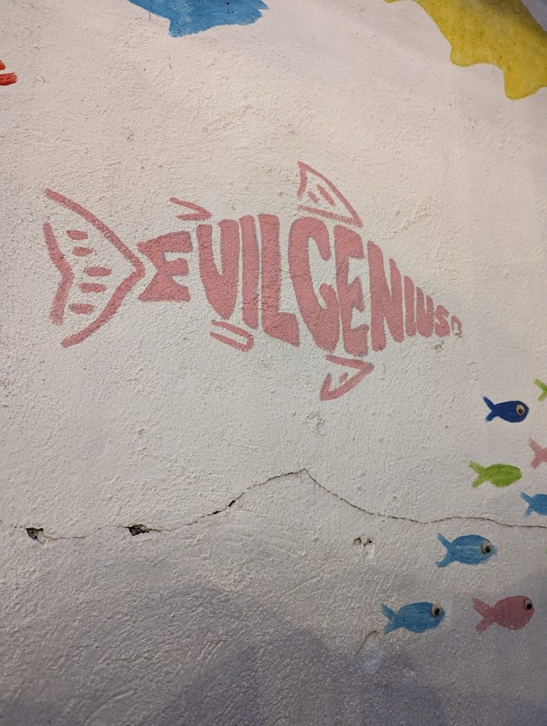 A painted wall with "Evil Genius" in the shape of a fish (taken in the yard of the brewery).