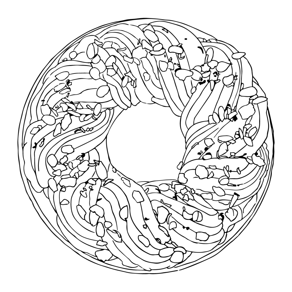 Line art drawing of a babka ring, showing all the dough layers and toppings.