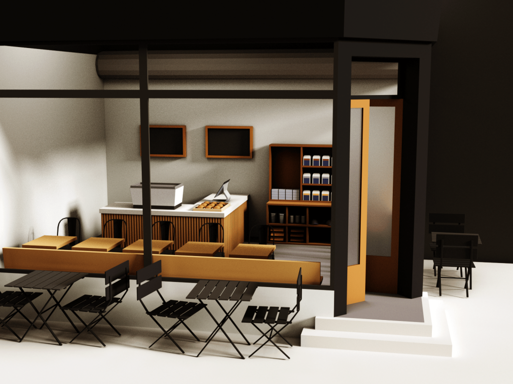 3D model of a cafe from the other side. This view shows more seating, the counter and espresso machine, and the shelving filled with items like cups and coffee beans.