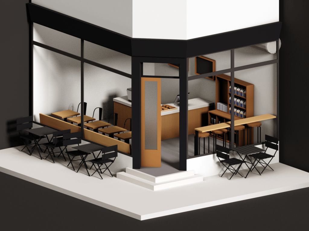 An isometric rendering of the cafe, looking in from the front corner where the door is, though both side windows.