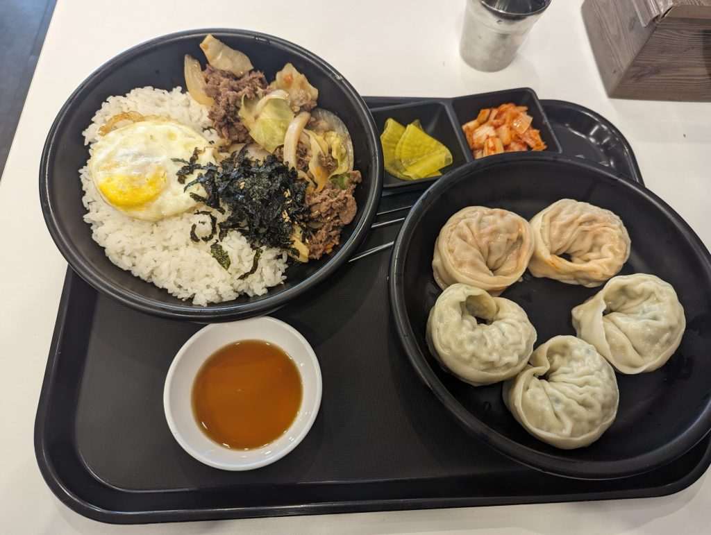 A lunch tray with rice and beef, large dumplings, and side dishes.