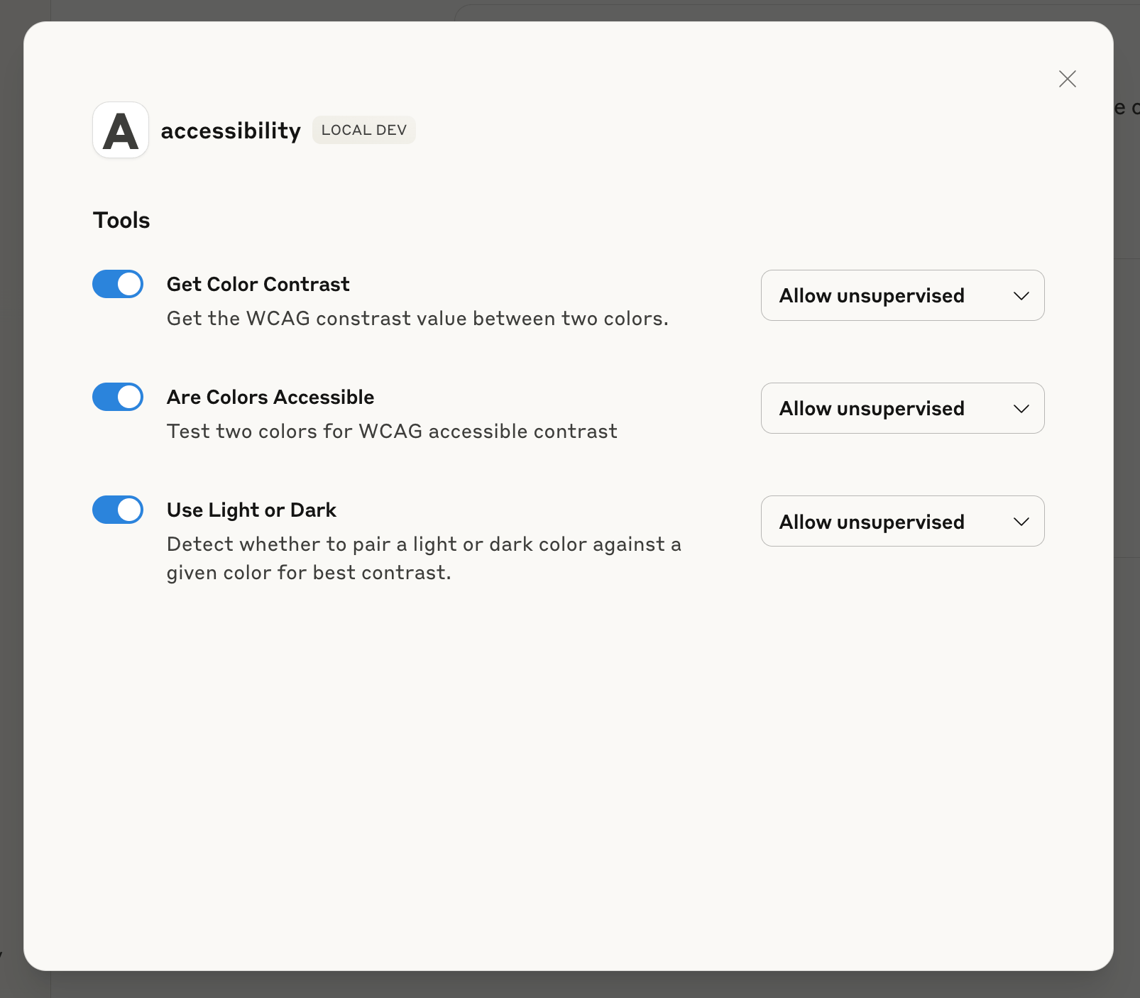 Claude settings screen listing out my Accessibility tools