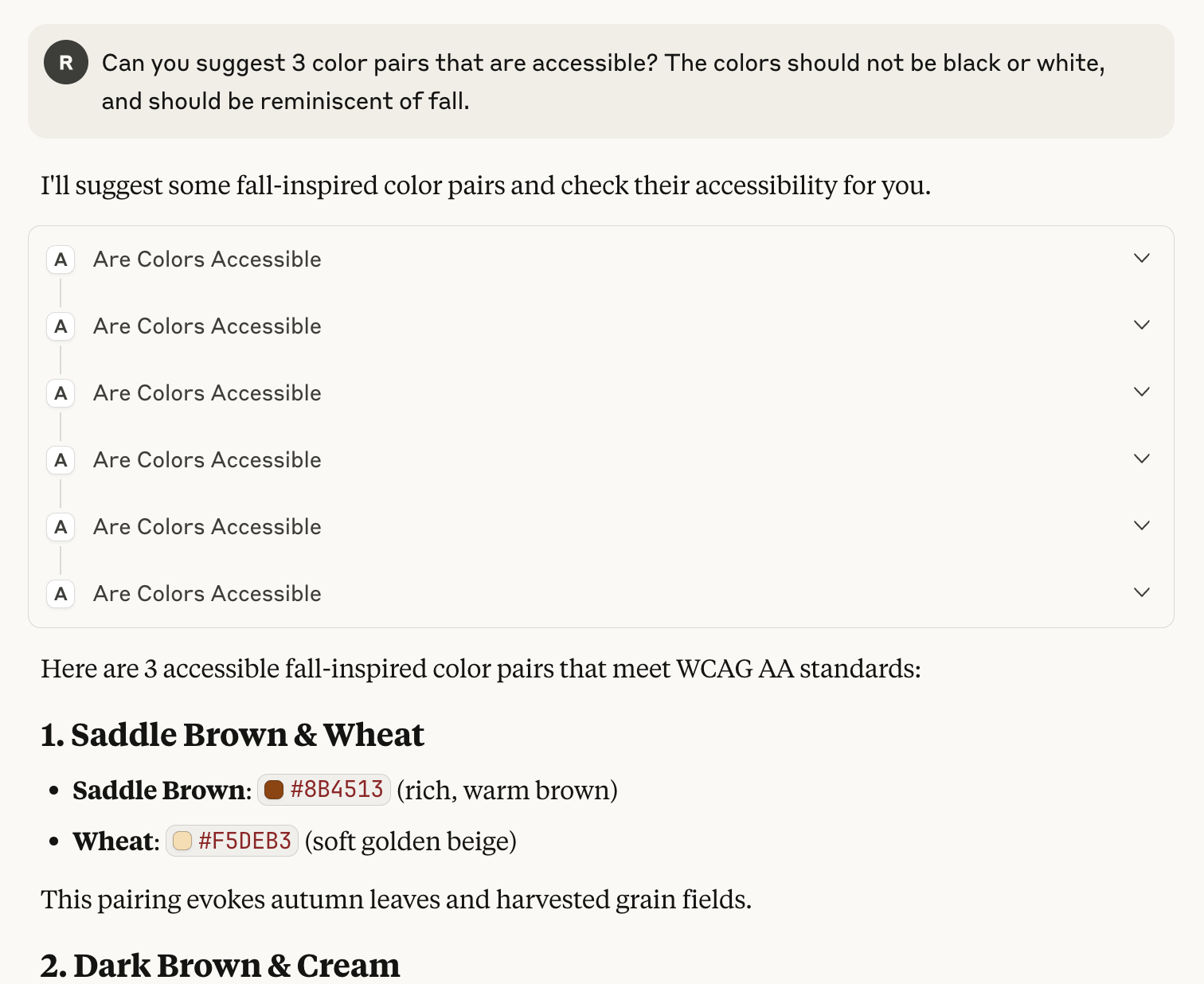Claude screenshot with prompt "Can you suggest 3 color pairs that are accessible? The colors should not be black or white, and should be reminiscent of fall." Reply shows Claude trying 6 times with the "Are Colors Accessible" tool before replying with 3 pairings.